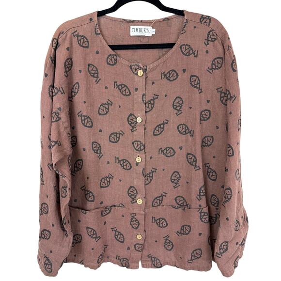 Timbuktu Station Tops - Vintage NWT Timbuktu Station Brown Fish Pattern Linen Button Up Top Size XL
